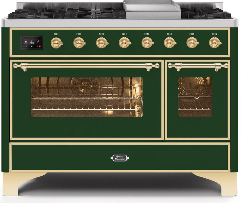 ILVE Majestic II 48" Dual Fuel Propane Gas Range in Emerald Green with Brass Trim, UM12FDNS3EGGLP