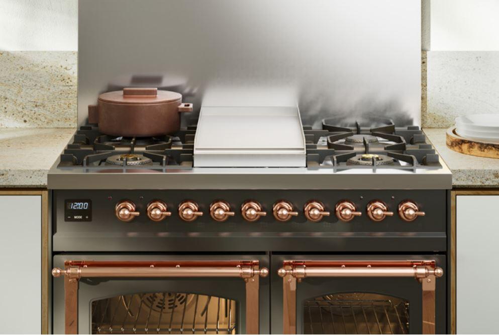ILVE Nostalgie II 40" Dual Fuel Natural Gas Range in Burgundy with Copper Trim, UPD40FNMPBUP