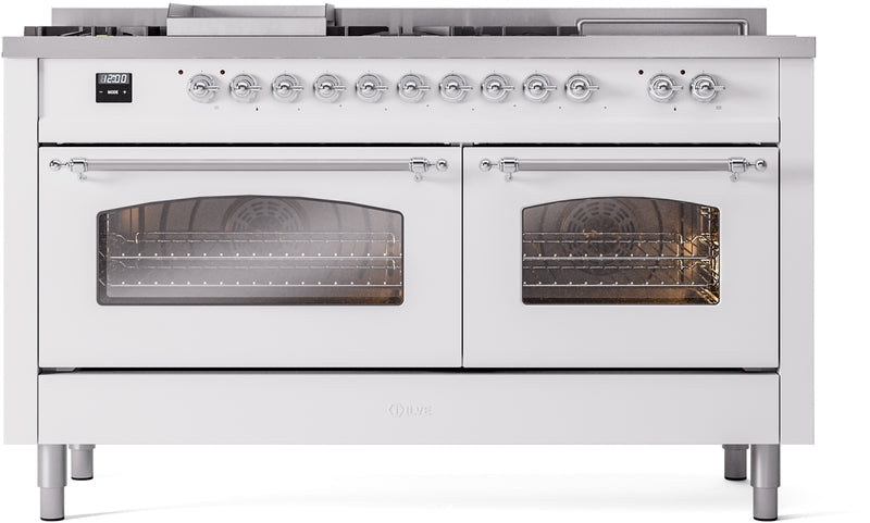 ILVE Nostalgie II 60" Dual Fuel Natural Gas Range in White with Chrome Trim, UP60FSNMPWHC