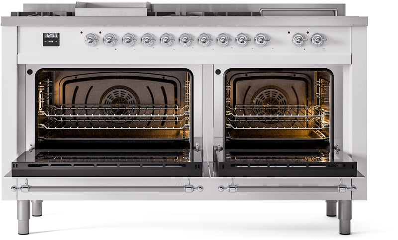 ILVE Nostalgie II 60" Dual Fuel Natural Gas Range in White with Chrome Trim, UP60FSNMPWHC