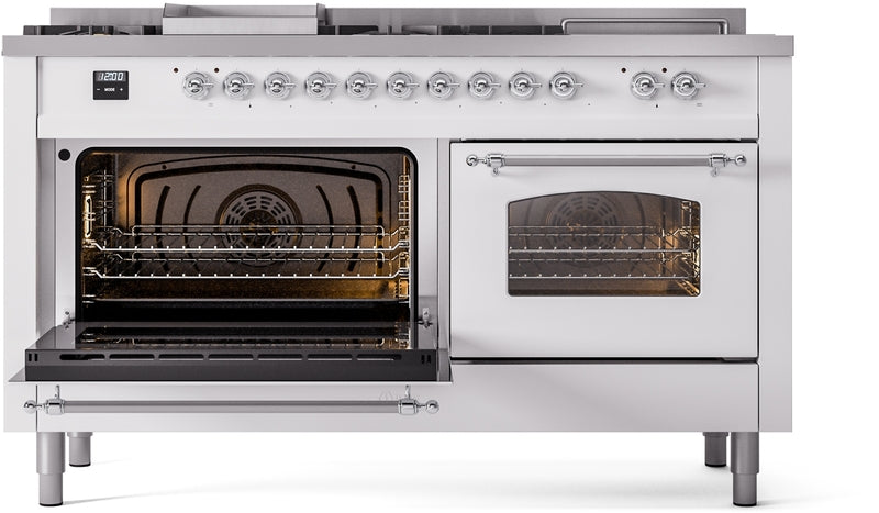 ILVE Nostalgie II 60" Dual Fuel Natural Gas Range in White with Chrome Trim, UP60FSNMPWHC