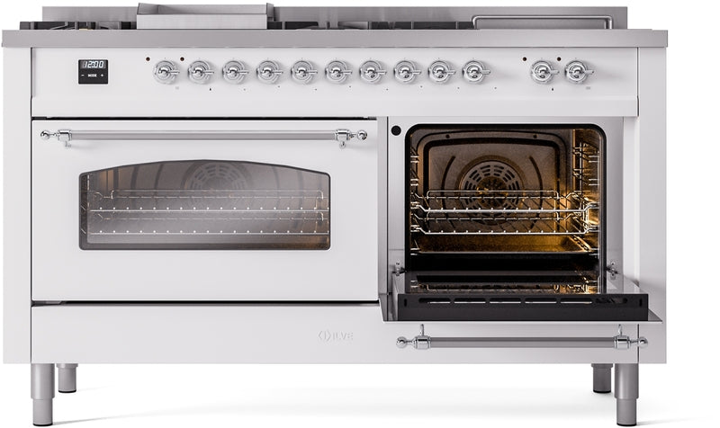 ILVE Nostalgie II 60" Dual Fuel Natural Gas Range in White with Chrome Trim, UP60FSNMPWHC