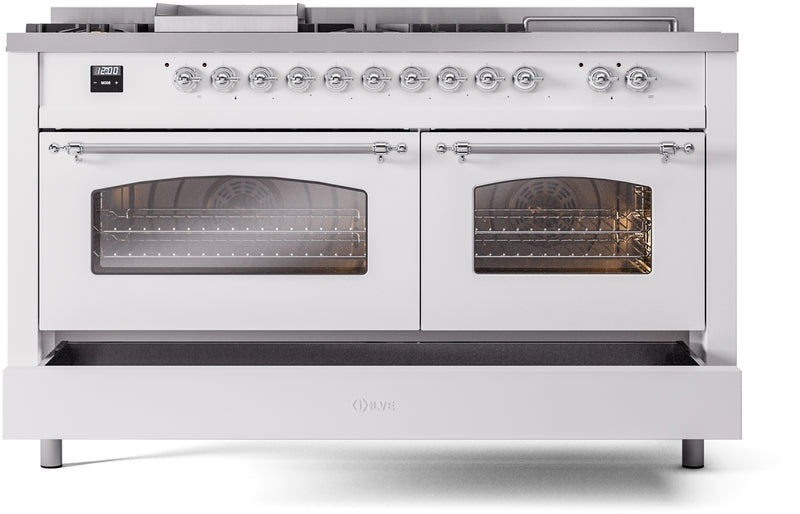 ILVE Nostalgie II 60" Dual Fuel Natural Gas Range in White with Chrome Trim, UP60FSNMPWHC