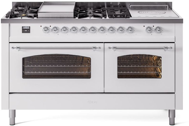 ILVE Nostalgie II 60" Dual Fuel Natural Gas Range in White with Chrome Trim, UP60FSNMPWHC