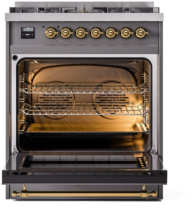 ILVE Nostalgie II 30" Dual Fuel Natural Gas Range in Matte Graphite with Brass Trim, UP30NMPMGG