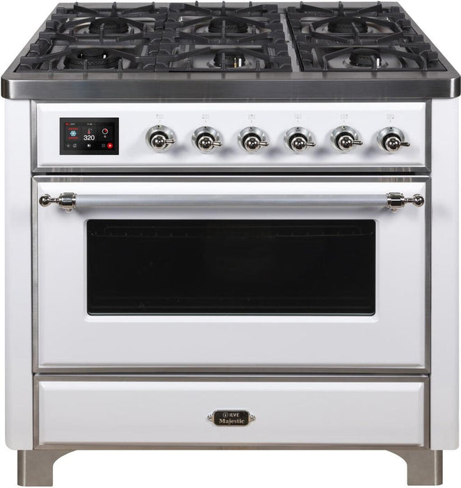 ILVE Majestic II 36" Dual Fuel Propane Gas Range in White with Chrome Trim, UM09FDNS3WHCLP