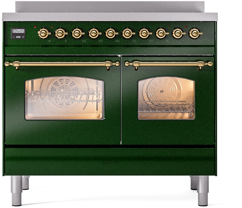 ILVE Nostalgie II 40" Induction Range with Element Stove and Electric Oven in Emerald Green with Brass Trim, UPDI406NMPEGG