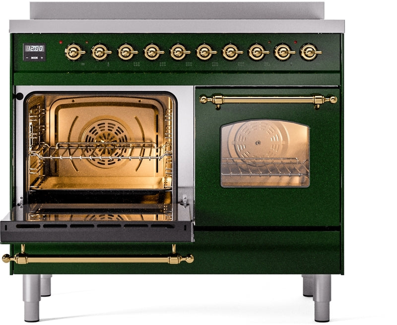 ILVE Nostalgie II 40" Induction Range with Element Stove and Electric Oven in Emerald Green with Brass Trim, UPDI406NMPEGG