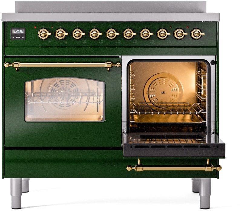 ILVE Nostalgie II 40" Induction Range with Element Stove and Electric Oven in Emerald Green with Brass Trim, UPDI406NMPEGG