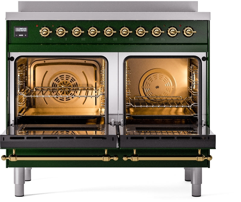 ILVE Nostalgie II 40" Induction Range with Element Stove and Electric Oven in Emerald Green with Brass Trim, UPDI406NMPEGG