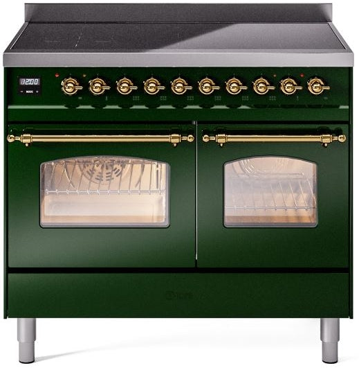 ILVE Nostalgie II 40" Induction Range with Element Stove and Electric Oven in Emerald Green with Brass Trim, UPDI406NMPEGG