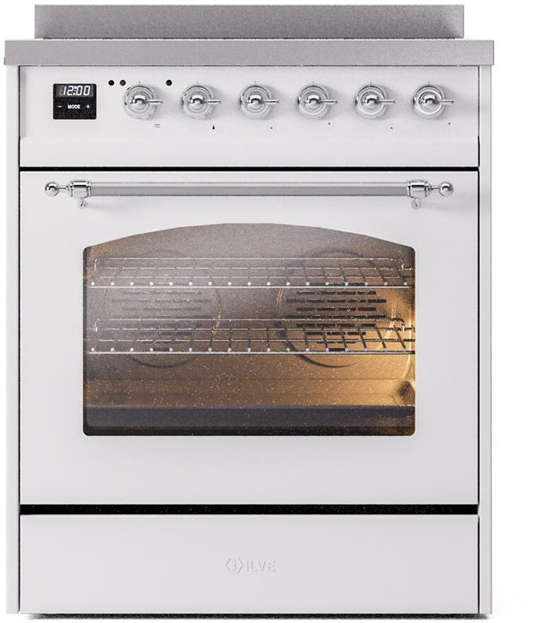 ILVE Nostalgie II 30" Induction Range with Element Stove and Electric Oven in White with Chrome Trim, UPI304NMPWHC