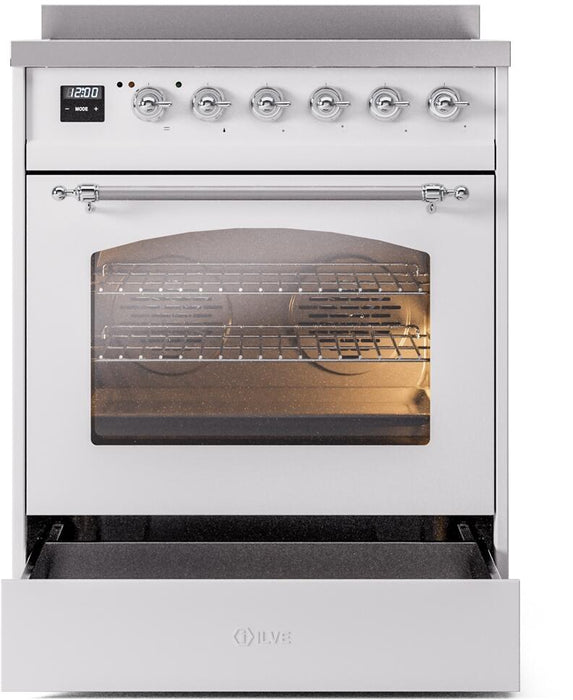 ILVE Nostalgie II 30" Induction Range with Element Stove and Electric Oven in White with Chrome Trim, UPI304NMPWHC