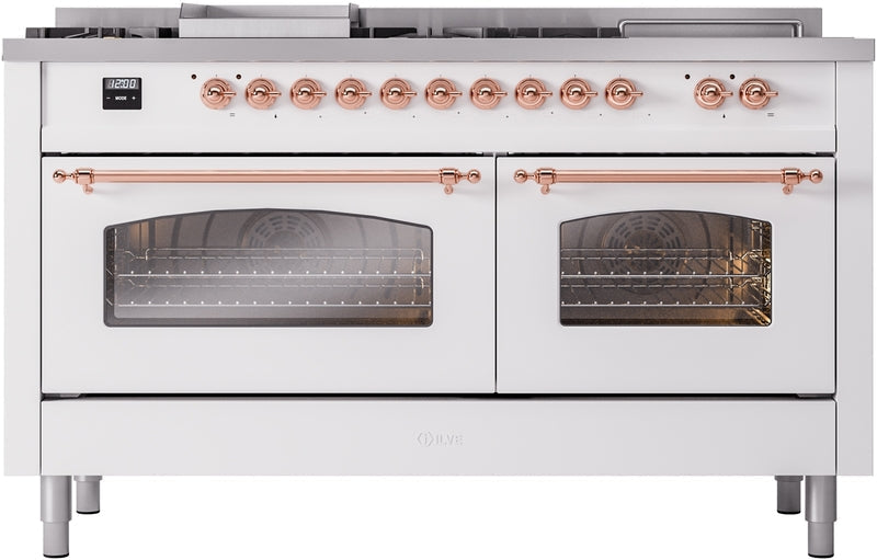 ILVE Nostalgie II 60" Dual Fuel Propane Gas Range in White with Copper Trim, UP60FSNMPWHPLP