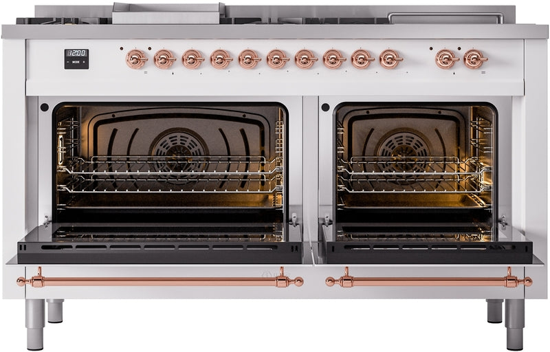 ILVE Nostalgie II 60" Dual Fuel Propane Gas Range in White with Copper Trim, UP60FSNMPWHPLP