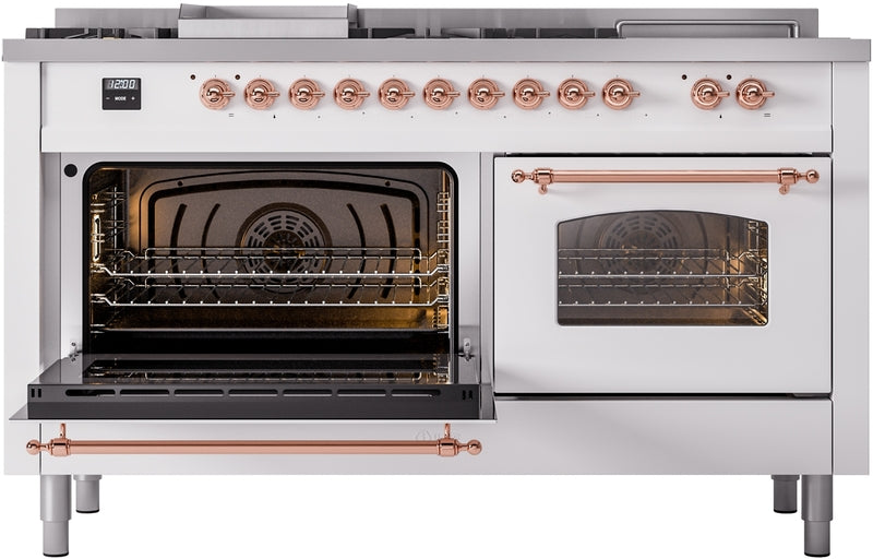 ILVE Nostalgie II 60" Dual Fuel Propane Gas Range in White with Copper Trim, UP60FSNMPWHPLP