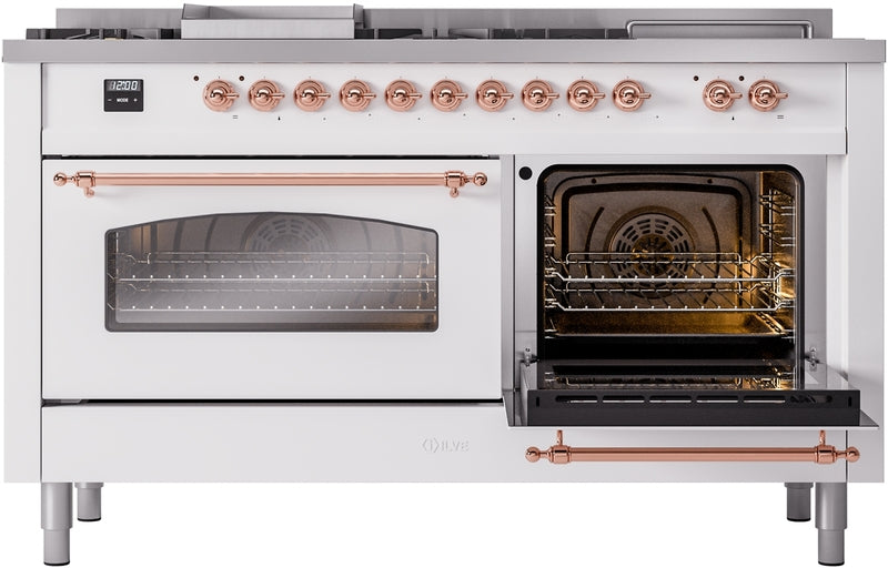 ILVE Nostalgie II 60" Dual Fuel Propane Gas Range in White with Copper Trim, UP60FSNMPWHPLP