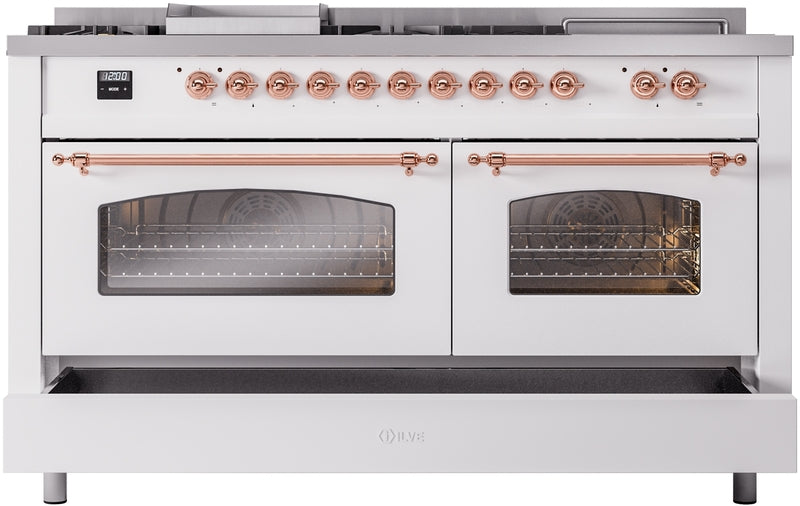 ILVE Nostalgie II 60" Dual Fuel Propane Gas Range in White with Copper Trim, UP60FSNMPWHPLP