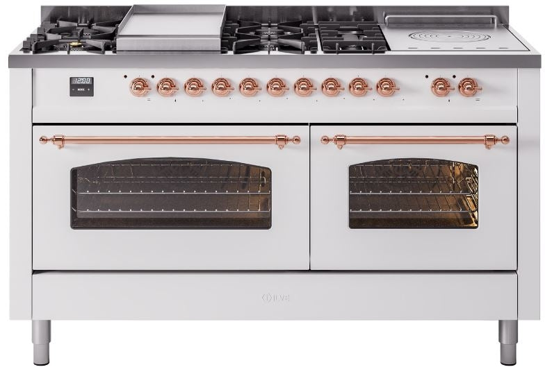 ILVE Nostalgie II 60" Dual Fuel Propane Gas Range in White with Copper Trim, UP60FSNMPWHPLP