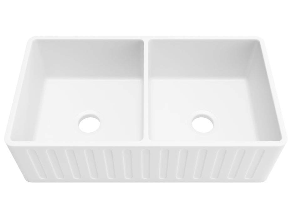 Roine Farmhouse Reversible Apron Front Solid Surface 33 in. 50/50 Basin Kitchen Sink in White