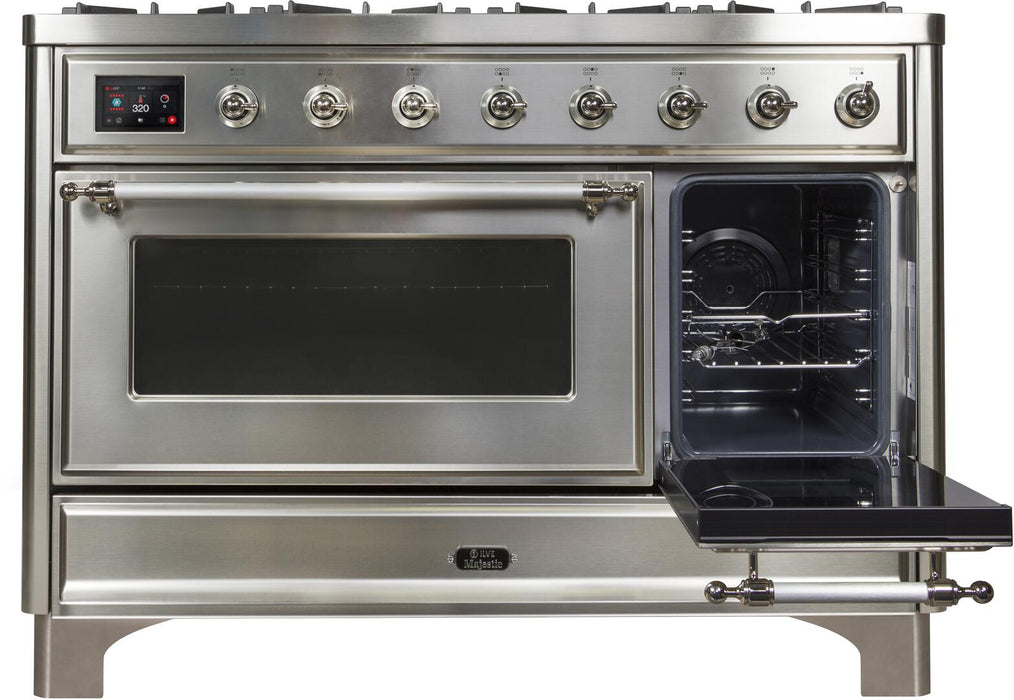 ILVE Majestic II 48" Dual Fuel Propane Gas Range in Stainless Steel with Chrome Trim, UM12FDNS3SSCLP