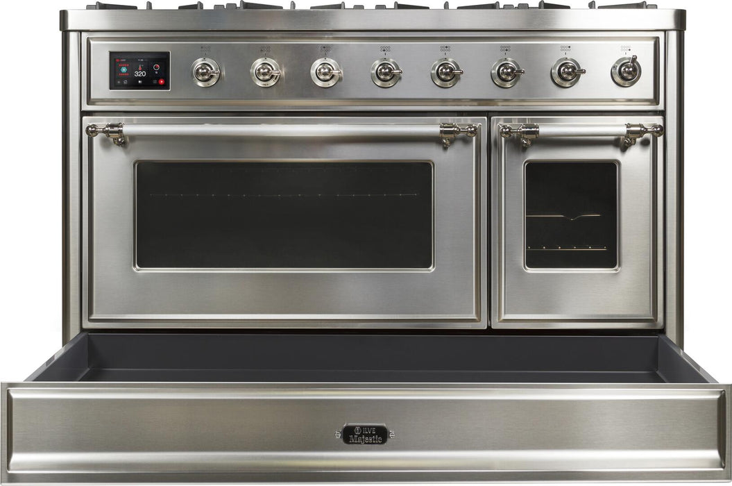 ILVE Majestic II 48" Dual Fuel Propane Gas Range in Stainless Steel with Chrome Trim, UM12FDNS3SSCLP