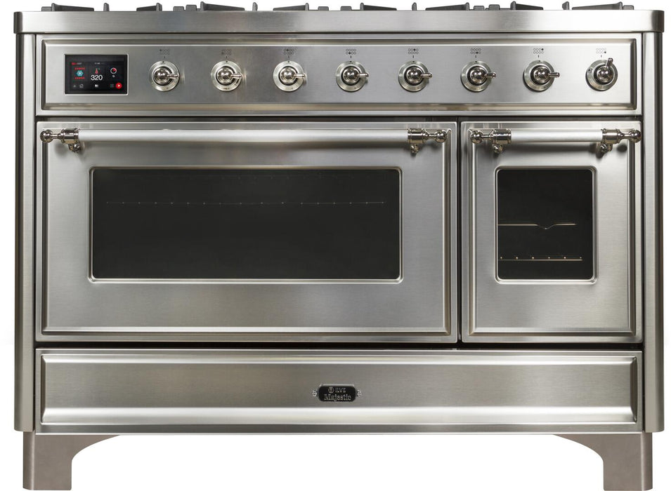 ILVE Majestic II 48" Dual Fuel Propane Gas Range in Stainless Steel with Chrome Trim, UM12FDNS3SSCLP