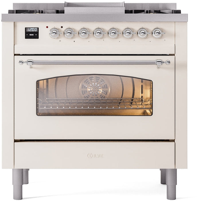 ILVE Nostalgie II 36" Dual Fuel Natural Gas Range in Antique White with Chrome Trim, UP36FNMPAWC