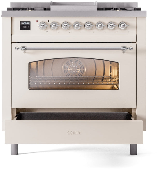 ILVE Nostalgie II 36" Dual Fuel Natural Gas Range in Antique White with Chrome Trim, UP36FNMPAWC