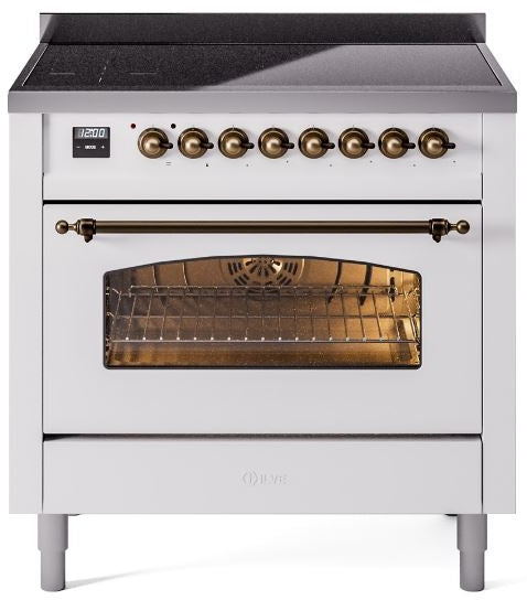 ILVE Nostalgie II 36" Induction Range with Element Stove and Electric Oven in White with Bronze Trim, UPI366NMPWHB