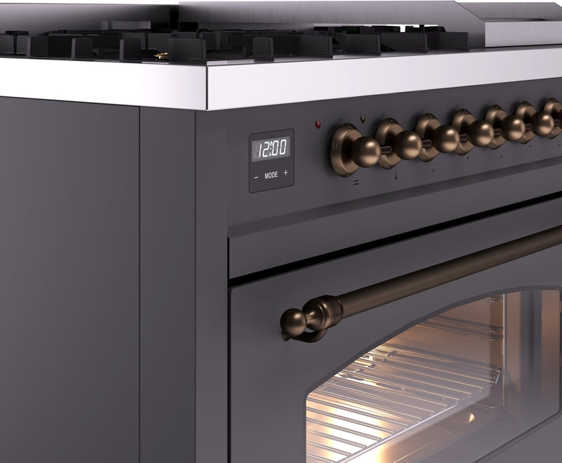 ILVE Nostalgie II 48" Dual Fuel Natural Gas Range in Matte Graphite with Bronze Trim, UP48FNMPMGB