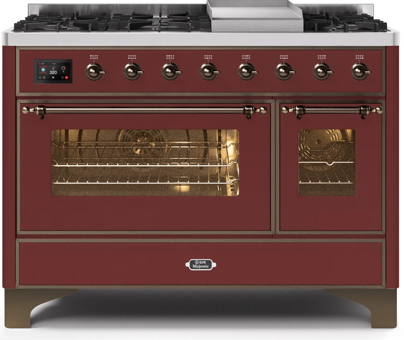 ILVE Majestic II 48" Dual Fuel Natural Gas Range in Burgundy with Bronze Trim, UM12FDNS3BUB