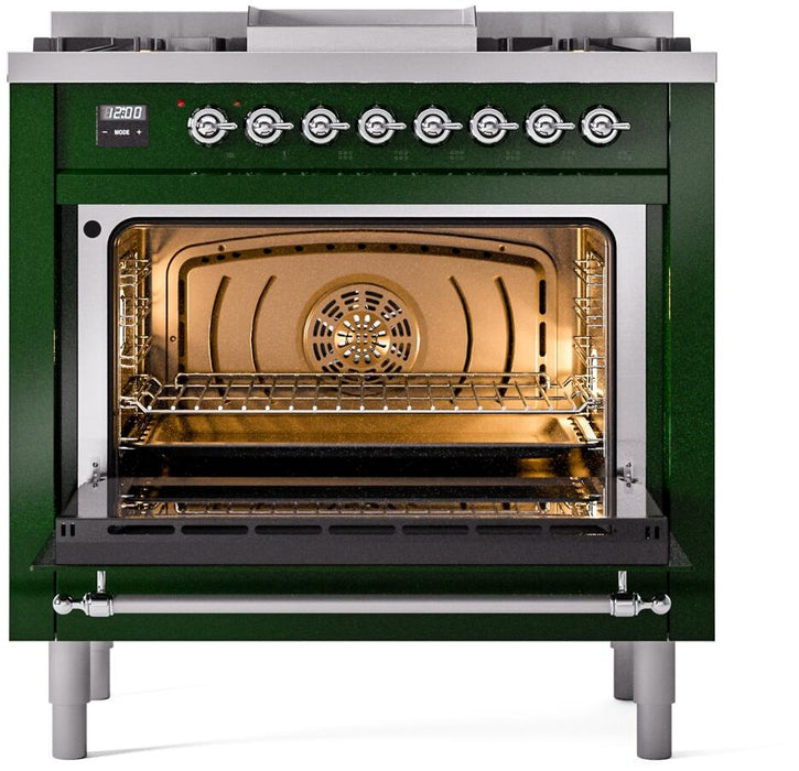 ILVE Nostalgie II 36" Dual Fuel Natural Gas Range in Emerald Green with Chrome Trim, UP36FNMPEGC