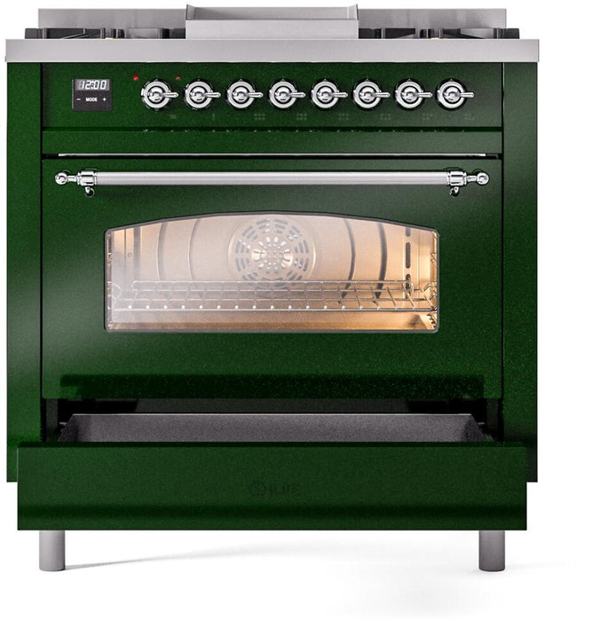 ILVE Nostalgie II 36" Dual Fuel Natural Gas Range in Emerald Green with Chrome Trim, UP36FNMPEGC