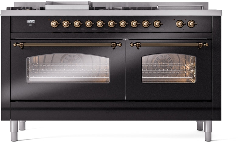 ILVE Nostalgie II 60" Dual Fuel Propane Gas Range in Glossy Black with Bronze Trim, UP60FSNMPBKBLP