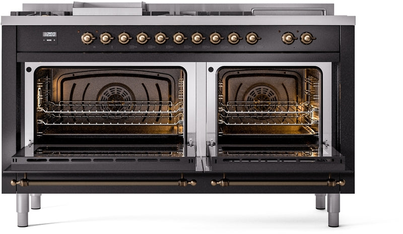 ILVE Nostalgie II 60" Dual Fuel Propane Gas Range in Glossy Black with Bronze Trim, UP60FSNMPBKBLP