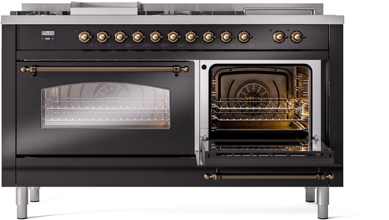 ILVE Nostalgie II 60" Dual Fuel Propane Gas Range in Glossy Black with Bronze Trim, UP60FSNMPBKBLP