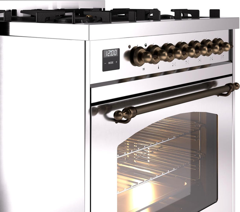 ILVE Nostalgie II 30" Dual Fuel Natural Gas Range in Stainless Steel with Bronze Trim, UP30NMPSSB