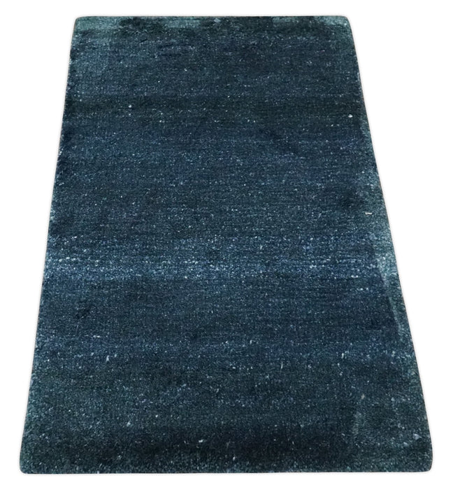 Dark Blue 2x3 Hand Knotted Solid Blue Rug made with Art Silk | N6623