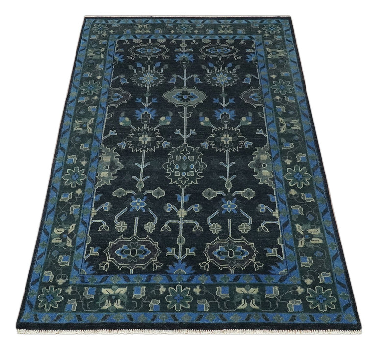 Dark Blue and Beige 5.6x8.6 Hand Knotted Traditional Oushak wool area rug