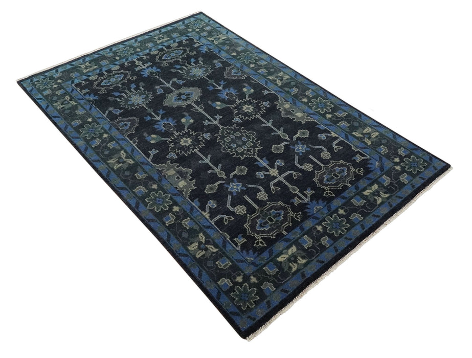 Dark Blue and Beige 5.6x8.6 Hand Knotted Traditional Oushak wool area rug