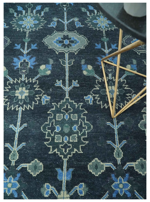 Dark Blue and Beige 5.6x8.6 Hand Knotted Traditional Oushak wool area rug