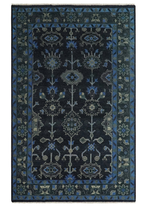 Dark Blue and Beige 5.6x8.6 Hand Knotted Traditional Oushak wool area rug