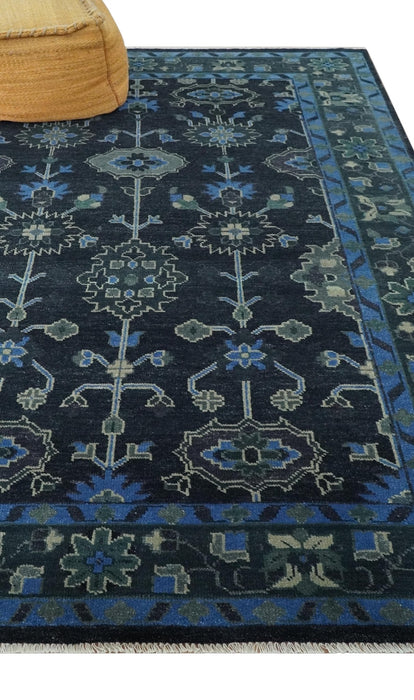 Dark Blue and Beige 5.6x8.6 Hand Knotted Traditional Oushak wool area rug