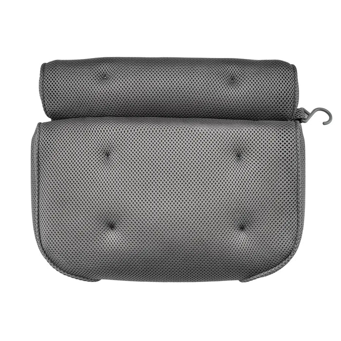 The Soft Bathtub Pillows For Whirlpool Spa Tubs is displayed in gray with a cushioned design and a mesh cover. It features a rectangular shape with an elevated upper section for head support and includes a convenient hook on the side for hanging. The surface of the pillow has multiple button-like indentations.