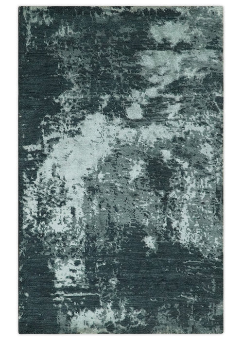 Dark Teal, Gray and Silver Modern Abstract Hand Knotted 5x8 wool Area Rug