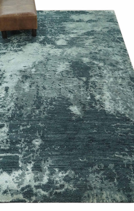 Dark Teal, Gray and Silver Modern Abstract Hand Knotted 5x8 wool Area Rug