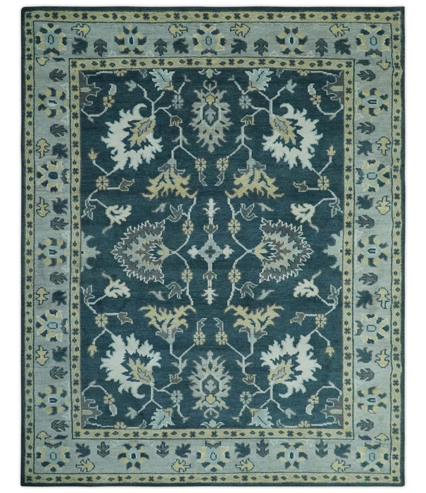 Dark Teal, Silver, Blue and Ivory Hand Knotted Traditional Oushak Multi Size Area Rug