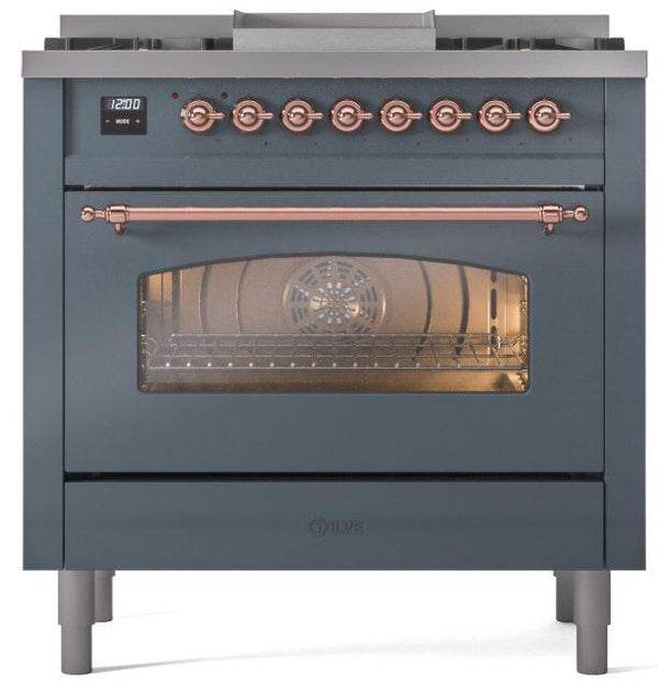 ILVE Nostalgie II 36" Dual Fuel Natural Gas Range in Blue Grey with Copper Trim, UP36FNMPBGP