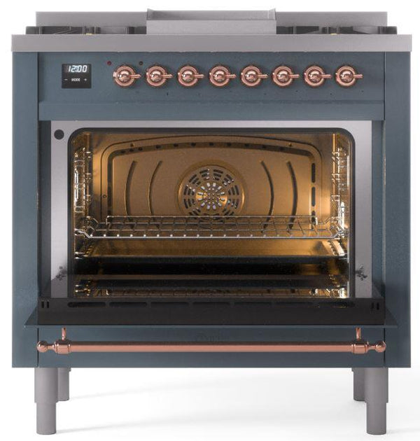 ILVE Nostalgie II 36" Dual Fuel Natural Gas Range in Blue Grey with Copper Trim, UP36FNMPBGP